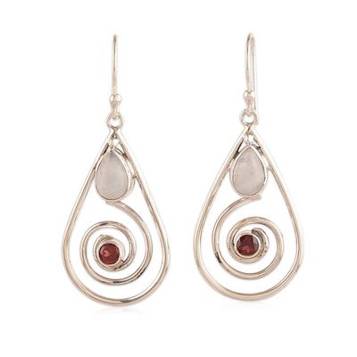 Alternate image for Spiral-Themed Rainbow Moonstone and Garnet Dangle Earrings Romantic Spirals