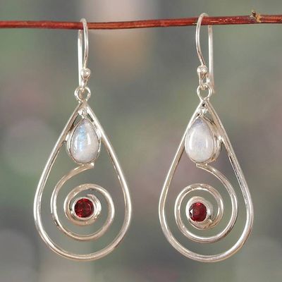 Alternate image for Spiral-Themed Rainbow Moonstone and Garnet Dangle Earrings Romantic Spirals