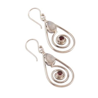 Alternate image for Spiral-Themed Rainbow Moonstone and Garnet Dangle Earrings Romantic Spirals