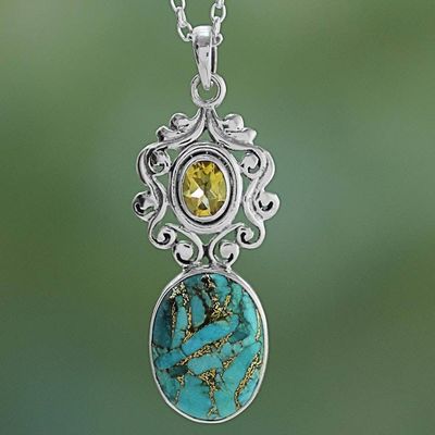 Main image for Handcrafted Citrine and Composite Turquoise Necklace Whimsical Tendrils