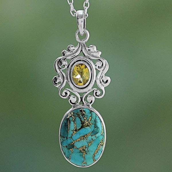 Alternate image for Handcrafted Citrine and Composite Turquoise Necklace Whimsical Tendrils