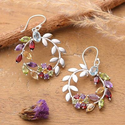 Main image for Floral Leaf-Themed Multi-Gemstone Silver Statement Earrings Luxurious Garden