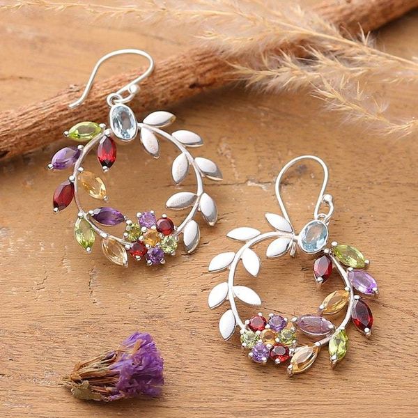 Alternate image for Floral Leaf-Themed Multi-Gemstone Silver Statement Earrings Luxurious Garden