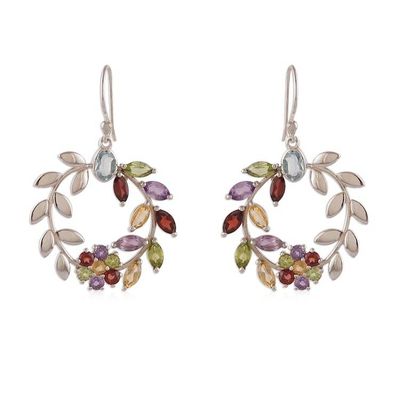 Alternate image for Floral Leaf-Themed Multi-Gemstone Silver Statement Earrings Luxurious Garden