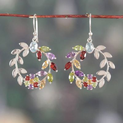 Alternate image for Floral Leaf-Themed Multi-Gemstone Silver Statement Earrings Luxurious Garden