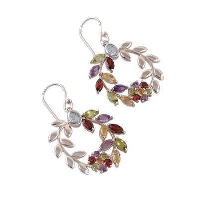 Alternate image for Floral Leaf-Themed Multi-Gemstone Silver Statement Earrings Luxurious Garden