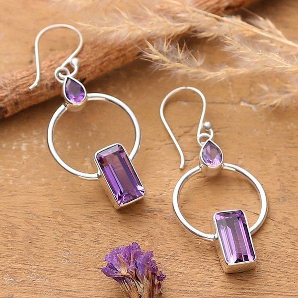 Alternate image for Geometric-Inspired Amethyst Sterling Silver Dangle Earrings Chic Purple