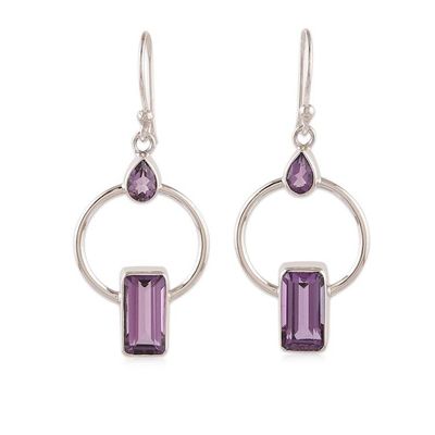Alternate image for Geometric-Inspired Amethyst Sterling Silver Dangle Earrings Chic Purple