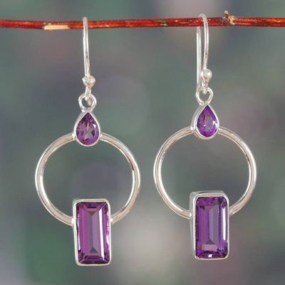 Alternate image for Geometric-Inspired Amethyst Sterling Silver Dangle Earrings Chic Purple