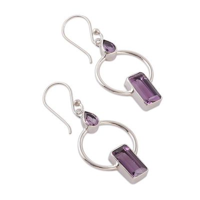 Alternate image for Geometric-Inspired Amethyst Sterling Silver Dangle Earrings Chic Purple