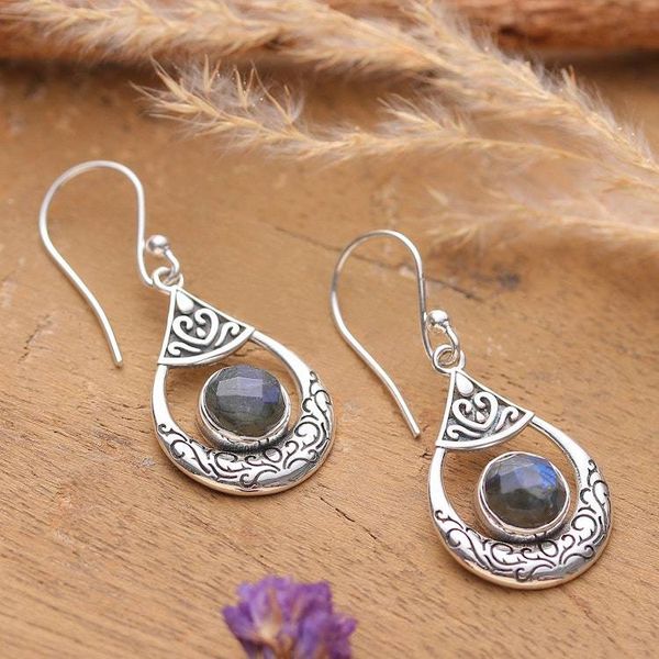 Alternate image for Silver Dangle Earrings with Natural Labradorite Stones Regal Luxe