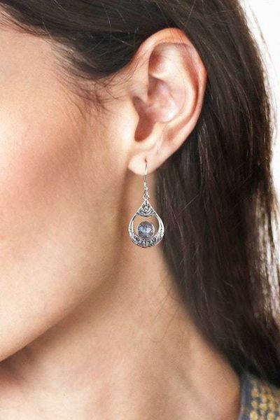 Alternate image for Silver Dangle Earrings with Natural Labradorite Stones Regal Luxe