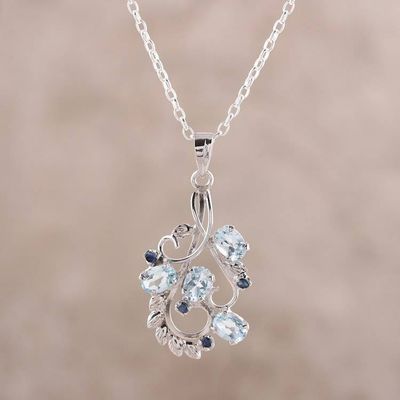 Alternate image for Rhodium Plated Blue Topaz and Sapphire Pendant Necklace Glittering Blue