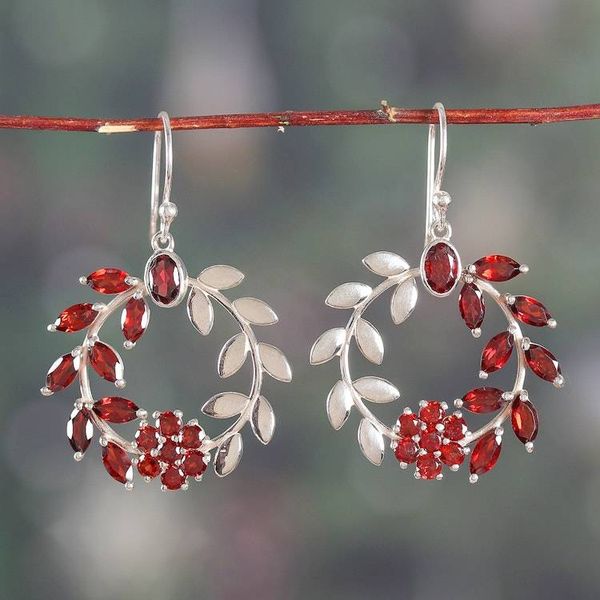 Alternate image for Garnet Silver Statement Earrings with Floral and Leaf Motif Captivating Garden