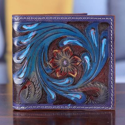 Primary image for Handcrafted Floral Bifold Leather Wallet in Indigo and Teal Floral Waves