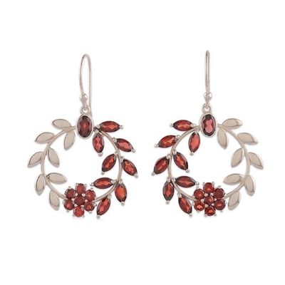 Alternate image for Garnet Silver Statement Earrings with Floral and Leaf Motif Captivating Garden