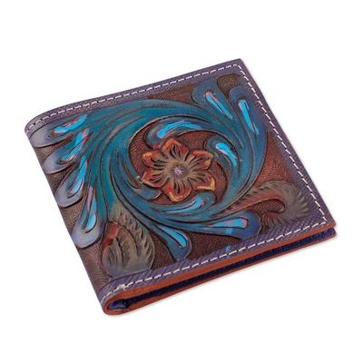 Alternate image for Handcrafted Floral Bifold Leather Wallet in Indigo and Teal Floral Waves