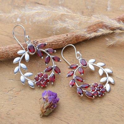 Alternate image for Garnet Silver Statement Earrings with Floral and Leaf Motif Captivating Garden