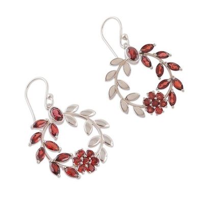 Alternate image for Garnet Silver Statement Earrings with Floral and Leaf Motif Captivating Garden