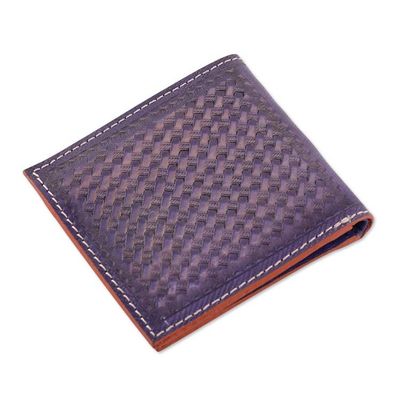Alternate image for Handcrafted Floral Bifold Leather Wallet in Indigo and Teal Floral Waves