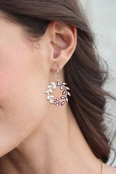 Alternate image for Garnet Silver Statement Earrings with Floral and Leaf Motif Captivating Garden
