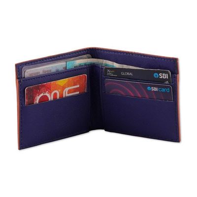 Alternate image for Handcrafted Floral Bifold Leather Wallet in Indigo and Teal Floral Waves