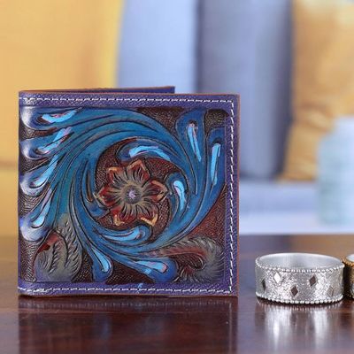 Alternate image for Handcrafted Floral Bifold Leather Wallet in Indigo and Teal Floral Waves