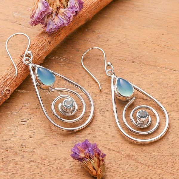 Alternate image for Polished Spiral Chalcedony and Blue Topaz Dangle Earrings Blue Spirals