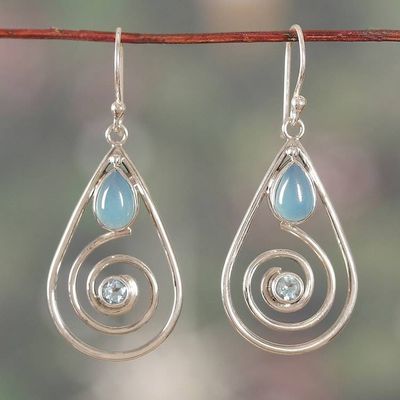 Alternate image for Polished Spiral Chalcedony and Blue Topaz Dangle Earrings Blue Spirals