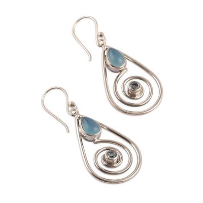 Alternate image for Polished Spiral Chalcedony and Blue Topaz Dangle Earrings Blue Spirals