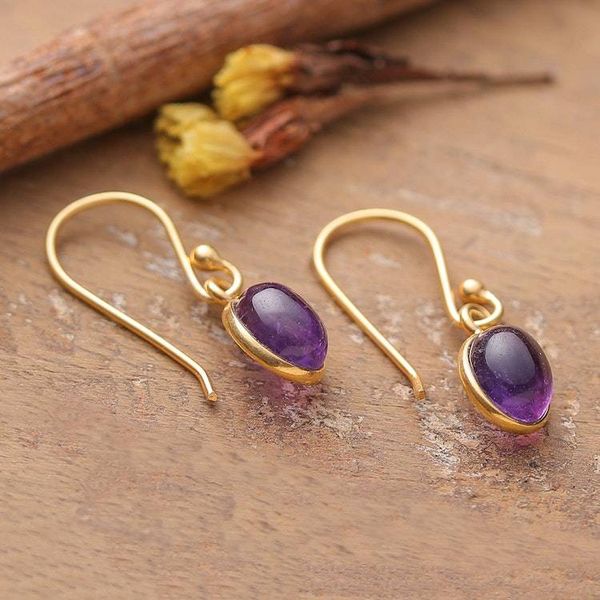 Alternate image for High-Polished 22k Gold-Plated Oval Amethyst Dangle Earrings Golden Wisdom