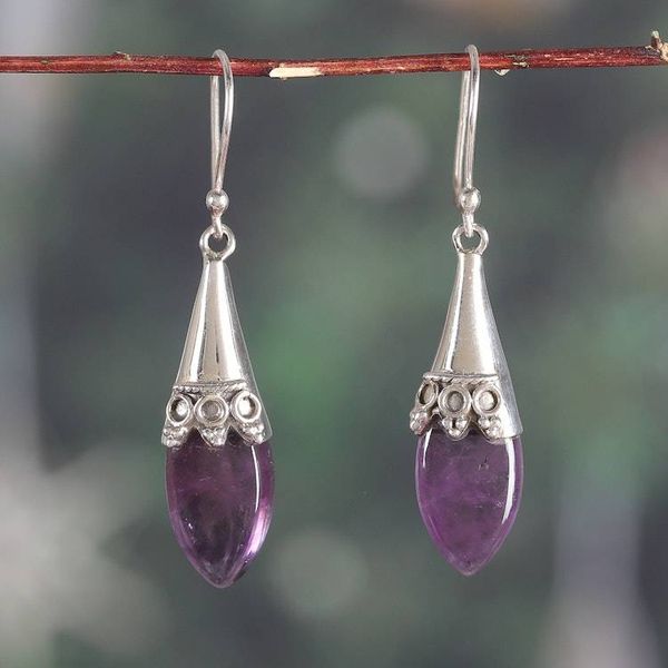 Alternate image for Polished Sterling Silver Dangle Earrings with Amethyst Gems Purple Lanterns