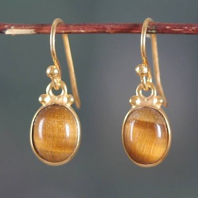 Alternate image for 22k Gold-Plated Oval Tigers Eye Dangle Earrings from India Golden Courage