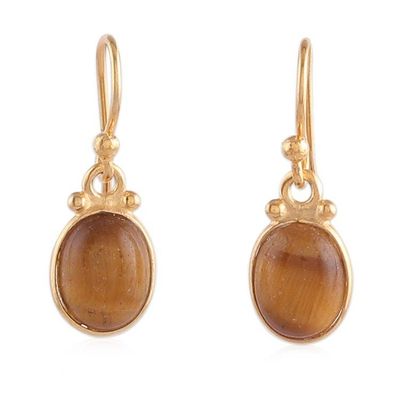 Alternate image for 22k Gold-Plated Oval Tigers Eye Dangle Earrings from India Golden Courage