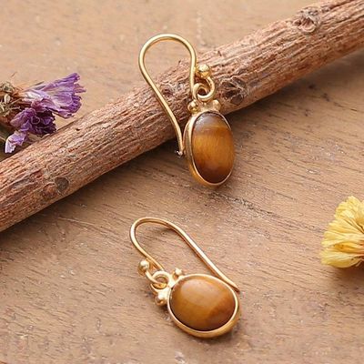 Alternate image for 22k Gold-Plated Oval Tigers Eye Dangle Earrings from India Golden Courage