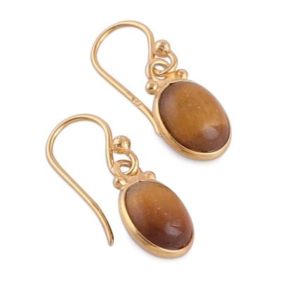 Alternate image for 22k Gold-Plated Oval Tigers Eye Dangle Earrings from India Golden Courage