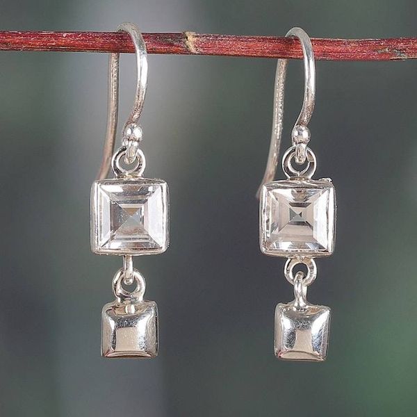 Alternate image for Square Modern White Topaz Sterling Silver Dangle Earrings White Shimmer