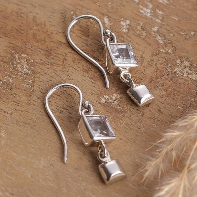 Alternate image for Square Modern White Topaz Sterling Silver Dangle Earrings White Shimmer