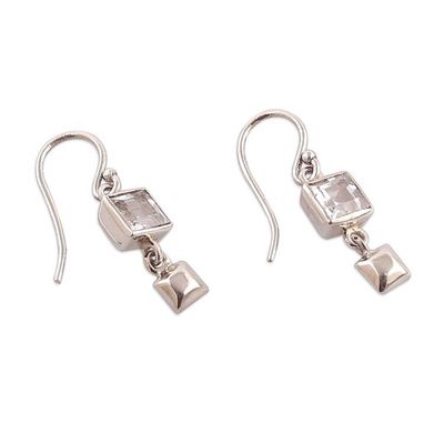 Alternate image for Square Modern White Topaz Sterling Silver Dangle Earrings White Shimmer