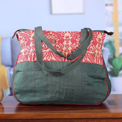 Alternate image for Peacock-Themed Red and Green Cotton Shoulder Bag Assam Heritage