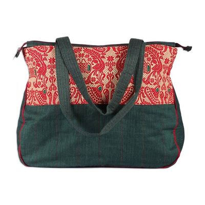 Alternate image for Peacock-Themed Red and Green Cotton Shoulder Bag Assam Heritage