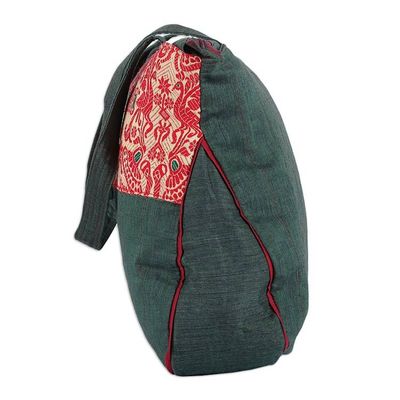 Alternate image for Peacock-Themed Red and Green Cotton Shoulder Bag Assam Heritage