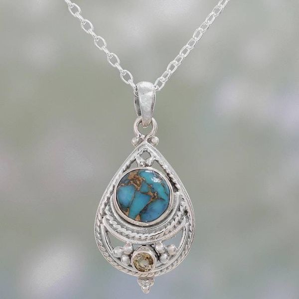 Alternate image for Citrine and Composite Turquoise Pendant Necklace from India Mesmerizing Sphere