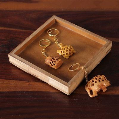 Alternate image for Set of 3 Animal-Themed Kadam Wood Jali Keychains from India Jali Friends
