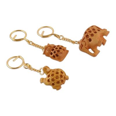 Alternate image for Set of 3 Animal-Themed Kadam Wood Jali Keychains from India Jali Friends