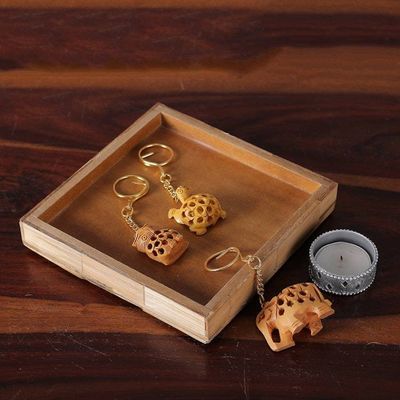 Alternate image for Set of 3 Animal-Themed Kadam Wood Jali Keychains from India Jali Friends