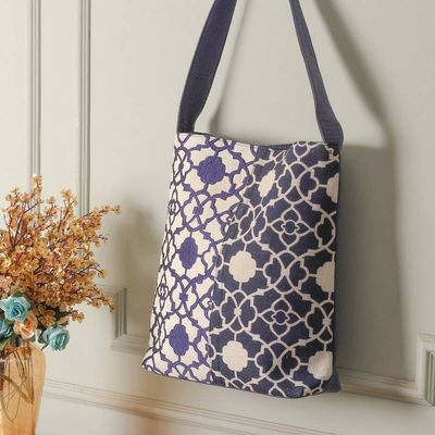 Primary image for Embroidered White and Midnight Blue 100 Cotton Shoulder Bag Midnight Blue Charm