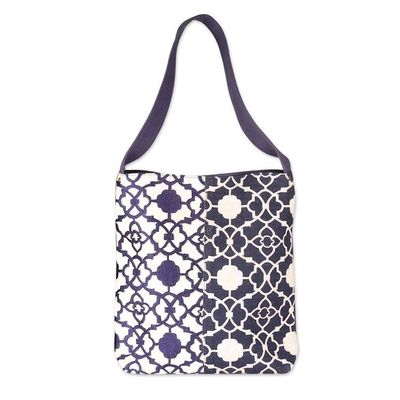 Alternate image for Embroidered White and Midnight Blue 100 Cotton Shoulder Bag Midnight Blue Charm
