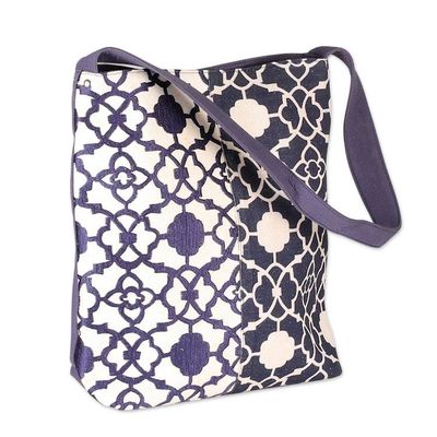 Alternate image for Embroidered White and Midnight Blue 100 Cotton Shoulder Bag Midnight Blue Charm