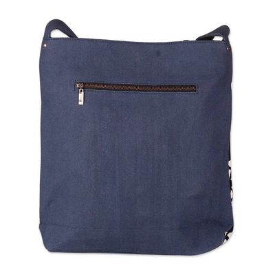 Alternate image for Embroidered White and Midnight Blue 100 Cotton Shoulder Bag Midnight Blue Charm
